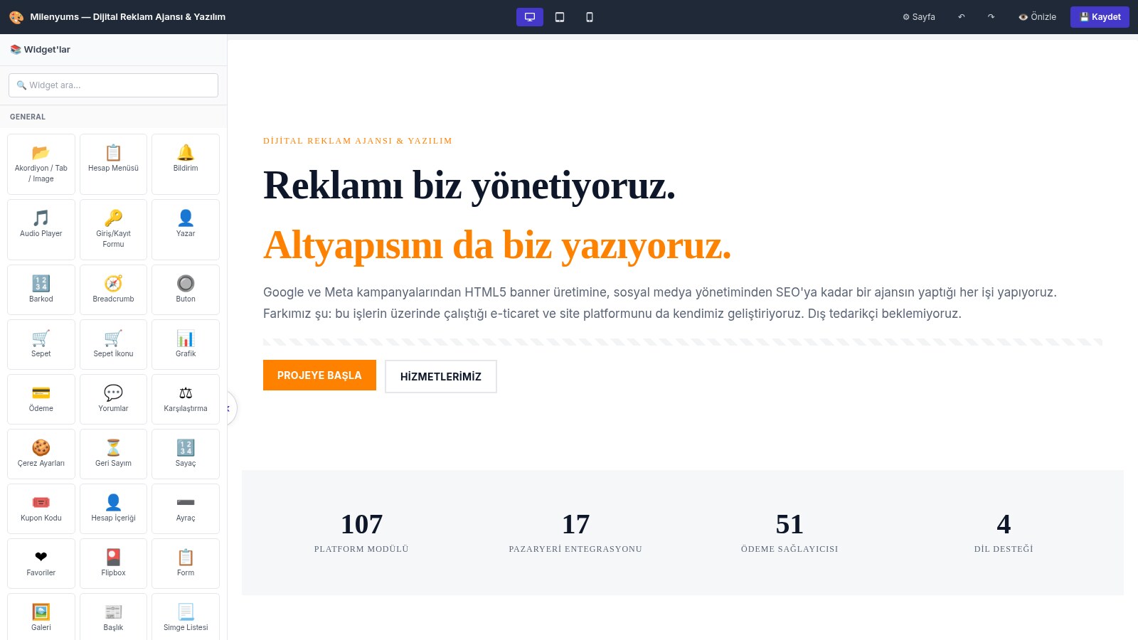 Milenyums sayfa oluşturucu: solda widget paleti, sağda canlı önizleme